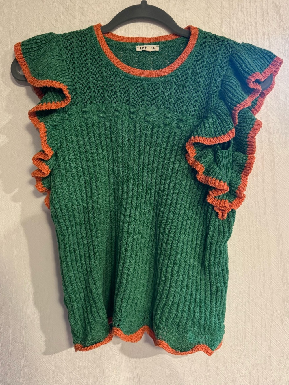 JODIFL Green Knit Ruffle Sleeve Tank with Orange Trim